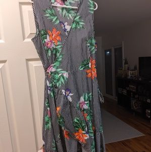 Black striped dress with flowers, hi-low skirt